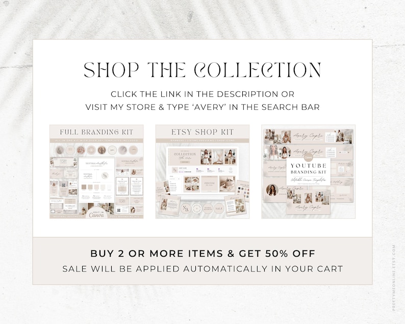 Etsy shop kit in a modern neutral boho aesthetic design. Included are Etsy banner, icon and listing templates, all fully editable in Canva. Use this Etsy branding kit to give your shop a more cohesive, stylish and professional look, all while saving tons of time to focus on growing your business.