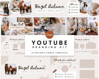 Kit de marca de YouTube / Banner de canal editable, introducción, salida, miniatura de vídeo / Plantillas Canva de marca de otoño boho neutro acogedor - Hazel