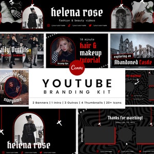 YouTube Branding Kit | Editable Channel Banner, Intro, Outro, Thumbnail Canva Templates | ALT Edgy Goth True Crime Egirl Halloween Black Red