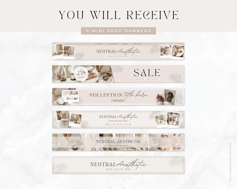 Etsy shop kit in a modern neutral boho aesthetic design. Included are Etsy banner, icon and listing templates, all fully editable in Canva. Use this Etsy branding kit to give your shop a more cohesive, stylish and professional look, all while saving tons of time to focus on growing your business.