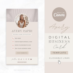 Modelo de cartão de visita digital, cartão de visita com links clicáveis, cartão de visita virtual, modelos estéticos bege neutros Canva, Avery