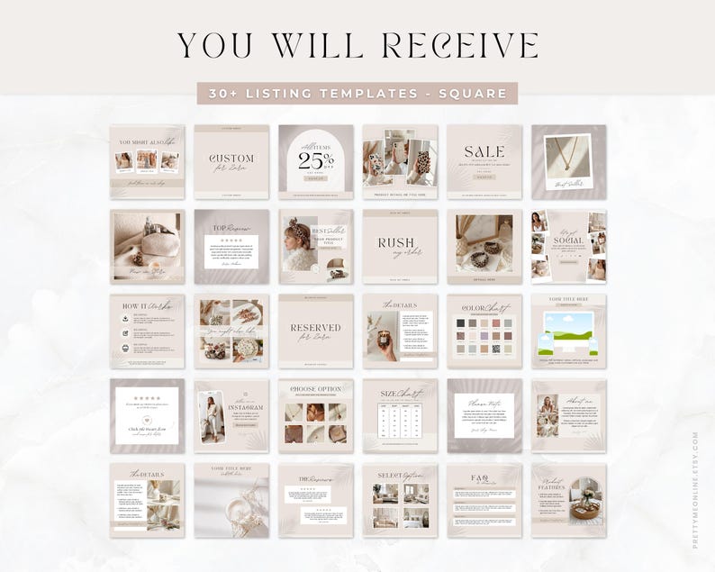 Etsy shop kit in a modern neutral boho aesthetic design. Included are Etsy banner, icon and listing templates, all fully editable in Canva. Use this Etsy branding kit to give your shop a more cohesive, stylish and professional look, all while saving tons of time to focus on growing your business.