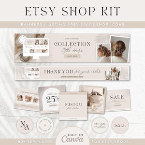 Etsy shop kit in a modern neutral boho aesthetic design. Included are Etsy banner, icon and listing templates, all fully editable in Canva. Use this Etsy branding kit to give your shop a more cohesive, stylish and professional look, all while saving tons of time to focus on growing your business.