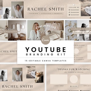 Kit de marca do YouTube | Banner de canal bege, introdução, encerramento e miniaturas de vídeo | Kit de marca do YouTube com estética neutra Modelos Canva - Rachel