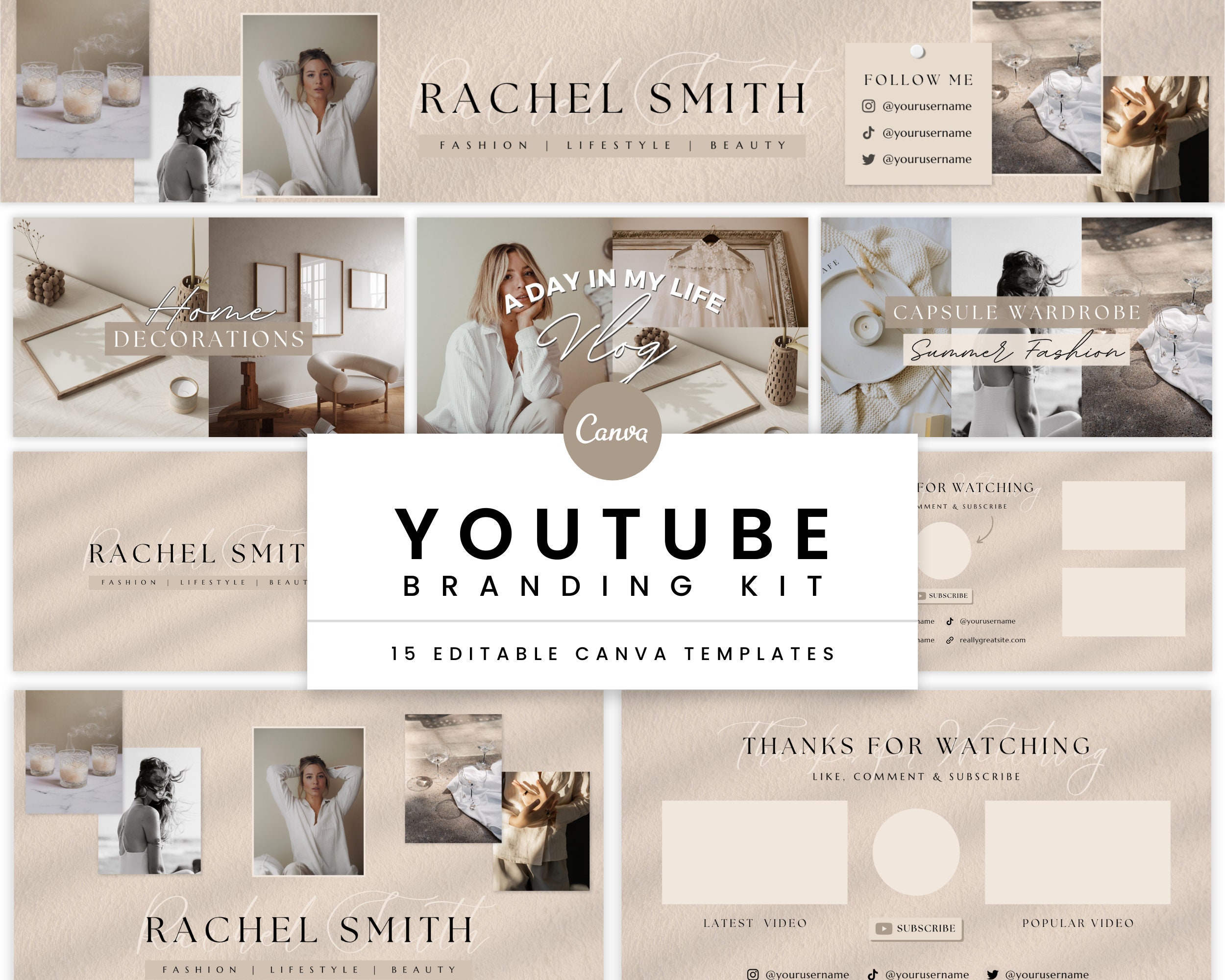 YouTube Brand Kit | Beige Channel Banner, Intro, Outro & Video Thumbnails | Neutral Aesthetic YouTube Branding Kit Canva Templates - Rachel
