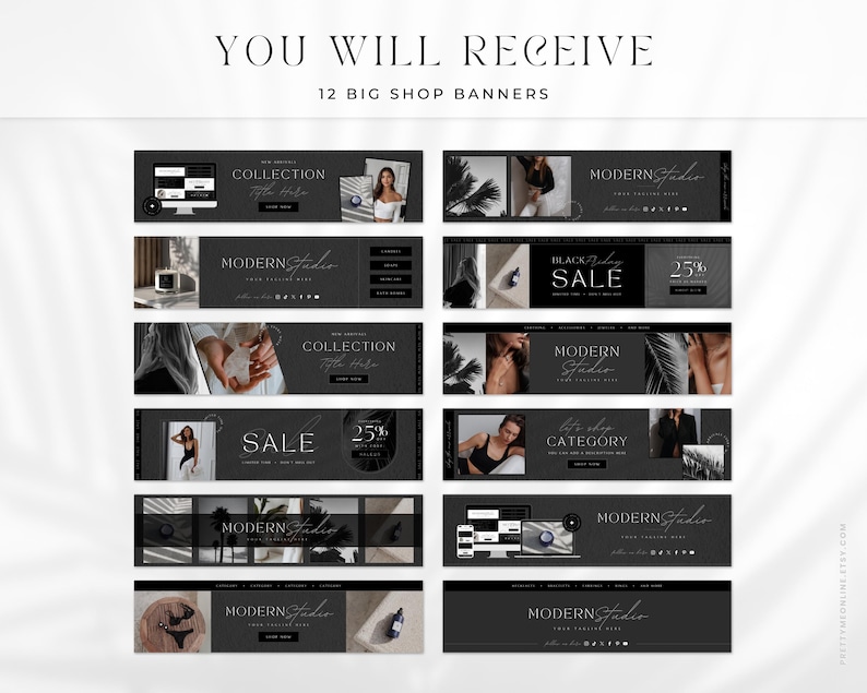 Etsy shop branding kit in a modern minimalist design. Included is everything you need to brand beautifully your shop, such as Etsy banner, icon and listing templates, all fully editable in Canva. Use this Etsy shop kit to up-level your branding, all while saving tons of time to focus on other aspects of your business!