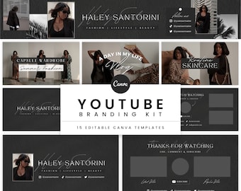 Kit de marca de YouTube / Banner de canal moderno, introducción, cierre y plantilla de miniatura de vídeo / Plantillas Canva del kit de marca minimalista de YouTube - Haley