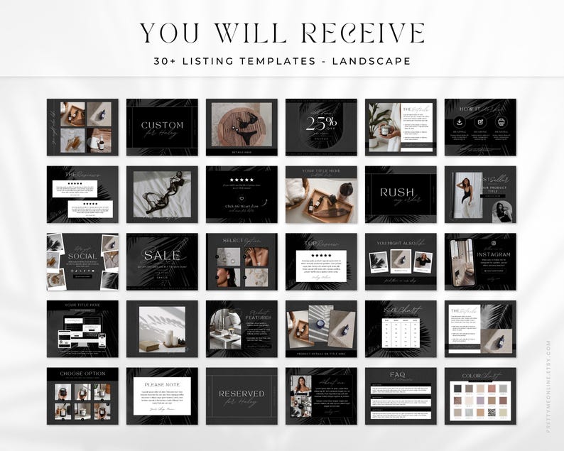 Etsy shop branding kit in a modern minimalist design. Included is everything you need to brand beautifully your shop, such as Etsy banner, icon and listing templates, all fully editable in Canva. Use this Etsy shop kit to up-level your branding, all while saving tons of time to focus on other aspects of your business!