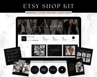 Kit de bannière de boutique Etsy Modèle de boutique Etsy modifiable Canva | Modèle de bannière Etsy noir Modèles d'annonces Etsy Kit bannière et logo Etsy - Zara