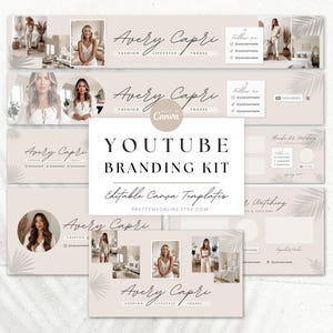YouTube Branding Kit Template, Editable YouTube Channel Banner Neutral Modern Boho Canva Templates, Avery