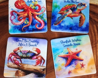 Beach Sea Life Coaster Sets / Colorful Decor  / Drink Coasters / Table Decor / Stone Coasters / Home Decor / Gift Idea / Housewarming Gift