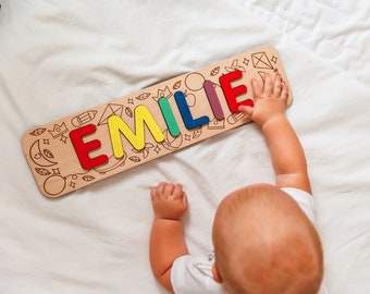 Name Busy Board for 1 Year Old Baby Wooden Toys, First Birthday Gift Sensory Busy Board, Personalized Baby Shower Gift Wooden Name Puzzle