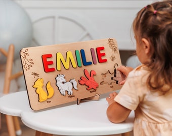 Personalized Toddler Wooden Name Puzzle Birthday Gift, Baby Girl Gift Educational Toys, Custom Name Puzzle with Animals Toddler Gifts