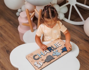 Baby Birthday Gift Name Busy Board 1 year old, Personalized Baby Gift Wooden Puzzle with Animals, First Christmas Gift Baby Wooden Toys