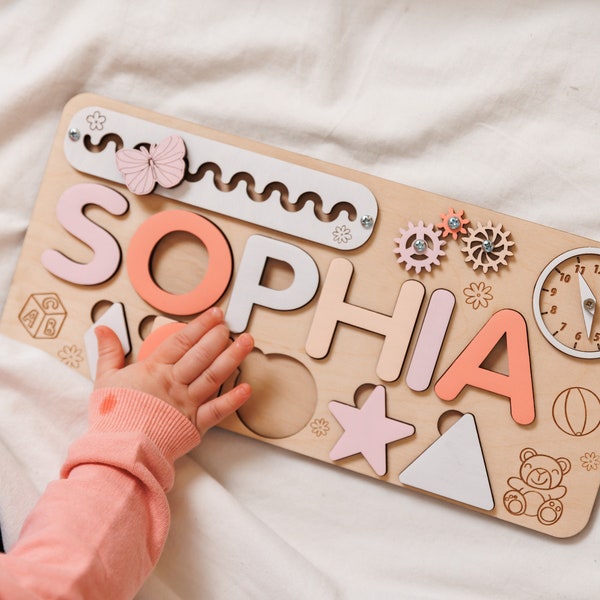 Toddler Busy Board Birthday Gift, Custom Name Puzzle Baby Girl Gift, Personalized Baby Sensory Toys, Wood Name Puzzle Gifts for Kids