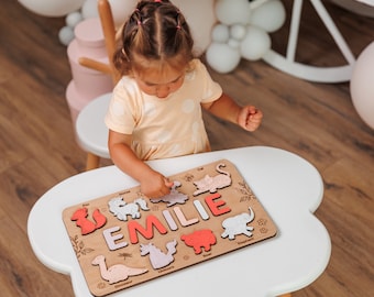 Baby Name Puzzles with Animals for Gifts, Wooden Sensory Toys Toddler Busy Board, Baby Shower Gifts Custom Name Puzzle,  2nd Birthday Gift