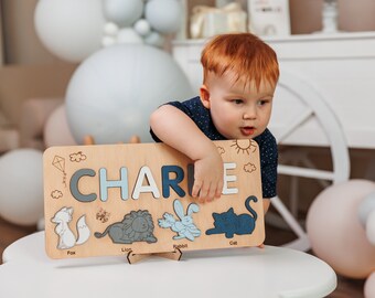 Personalized Baby Busy Board, Wooden Name Puzzle Gifts for Kid, Baby Educational Toys Wooden Puzzle with Animals, Custom Puzzle Busy Board