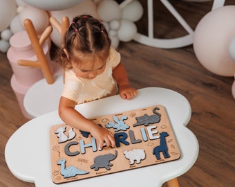 Toddler Wooden Name Puzzle Custom Birthday Gift, Kid Christmas Gift Wooden Name Toys, Personalized Baby Shower Gift Puzzle with Animals