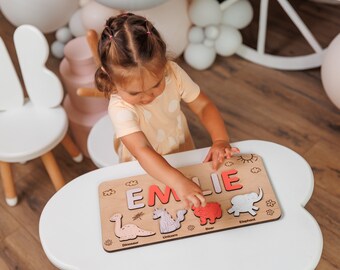 Wooden Name Puzzle with Animals Baby Girl Birthday Gift, Baby Name Busy Board Sensory Toys, Toddler Boy Wooden Educational Toys