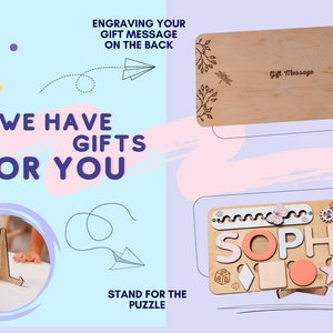 a picture of a wooden gift card with the words we have gifts for you