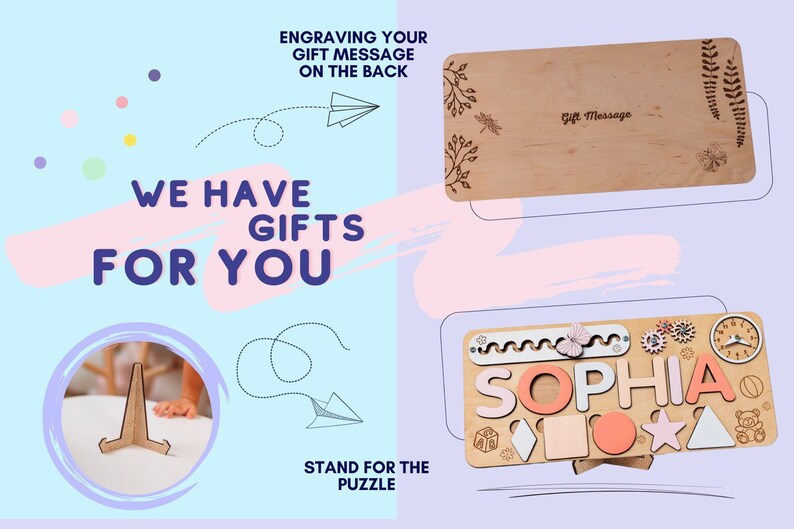 a picture of a wooden gift card with the words we have gifts for you