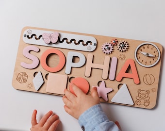 Baby Wooden Busy Board for 1 Year Old, Toddler Educational Wooden Toys, Personalized Wooden Name Puzzle  Baby Shower Gift, Sensory Toys