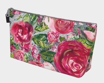 Watercolor Roses Canvas Makeup Bag - Floral Cosmetic Pouch