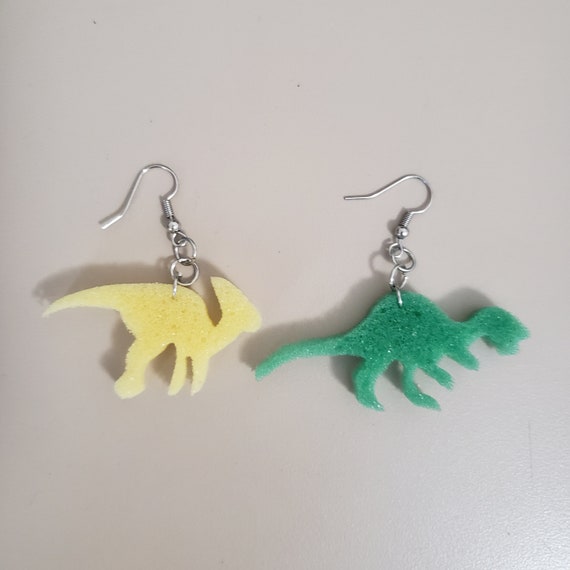 Foam Dinosaur Earrings, Yellow and Green Dinosaurs