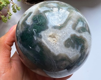 XL Moss Agate Sphere, Green Crystal Ball (8.2cm)