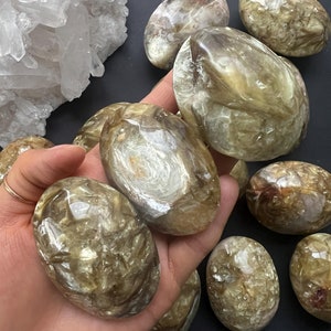 May include: A collection of polished green and brown gemstone palm stones. The stones have a unique, iridescent sheen and are smooth to the touch.