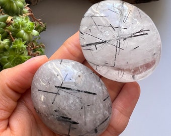 Tourmalinated Quartz Palm Stone, Black Tourmaline in Quartz, Crystal Healing