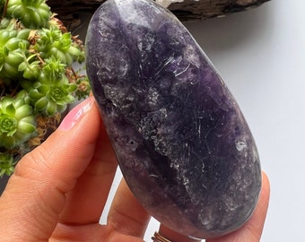 Dark Purple Fluorite Palm Stone, Polished Crystal Healing