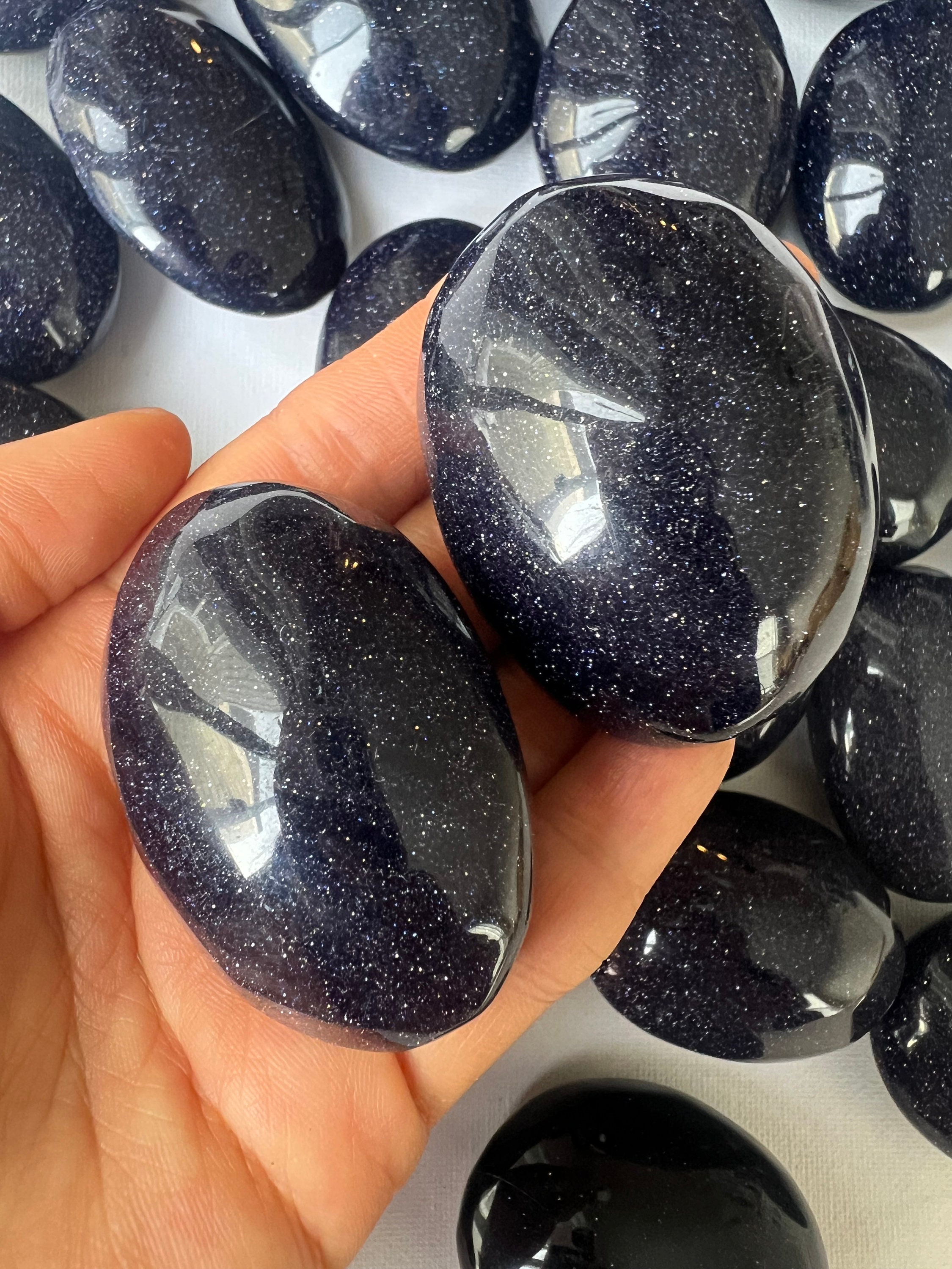 Blue Sandstone Palm Stone, Blue Goldstone, Polished Blue Blue Sandstone Palm Stone, Blue Goldstone, Polished Blue