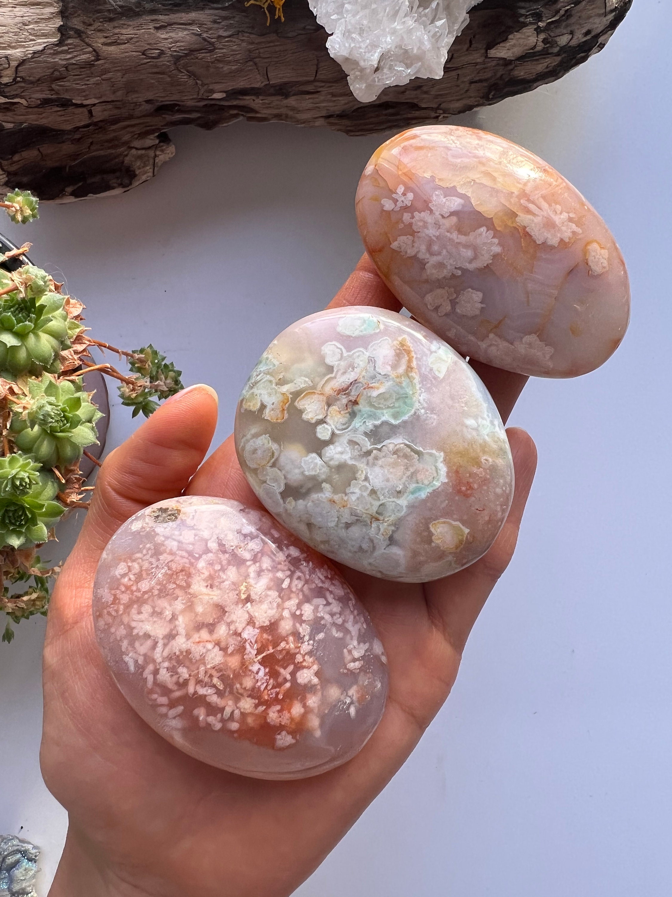 Cherry Blossom Agate Palm Stone, Flower Agate Palm Stone, Natural