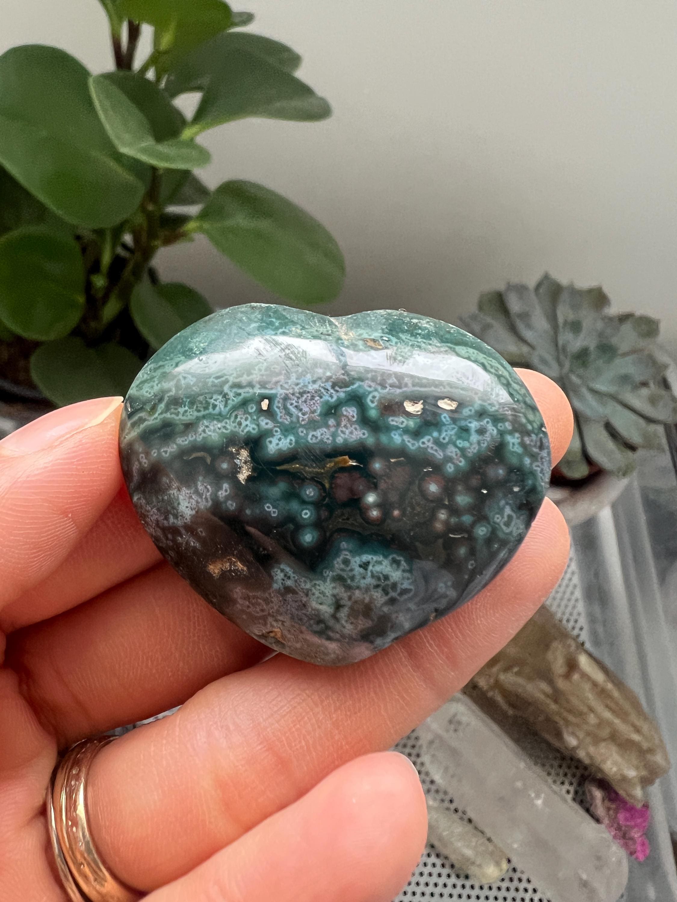 Polished Ocean Jasper Heart Crystal, Natural Stone Carving, Home