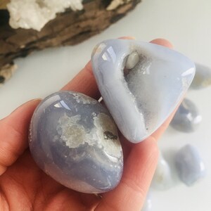 May include: Two smooth, blue lace agate stones are held in a hand. The stones have a translucent appearance with white and gray inclusions. The background includes additional stones and a piece of driftwood.