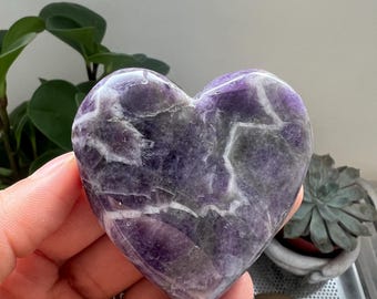 Chevron Amethyst Heart Crystal, Polished Healing Stone Carving