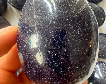 Blue Sandstone Palm Stone, Blue Goldstone, Polished Blue Blue Sandstone Palm Stone, Blue Goldstone, Polished Blue
