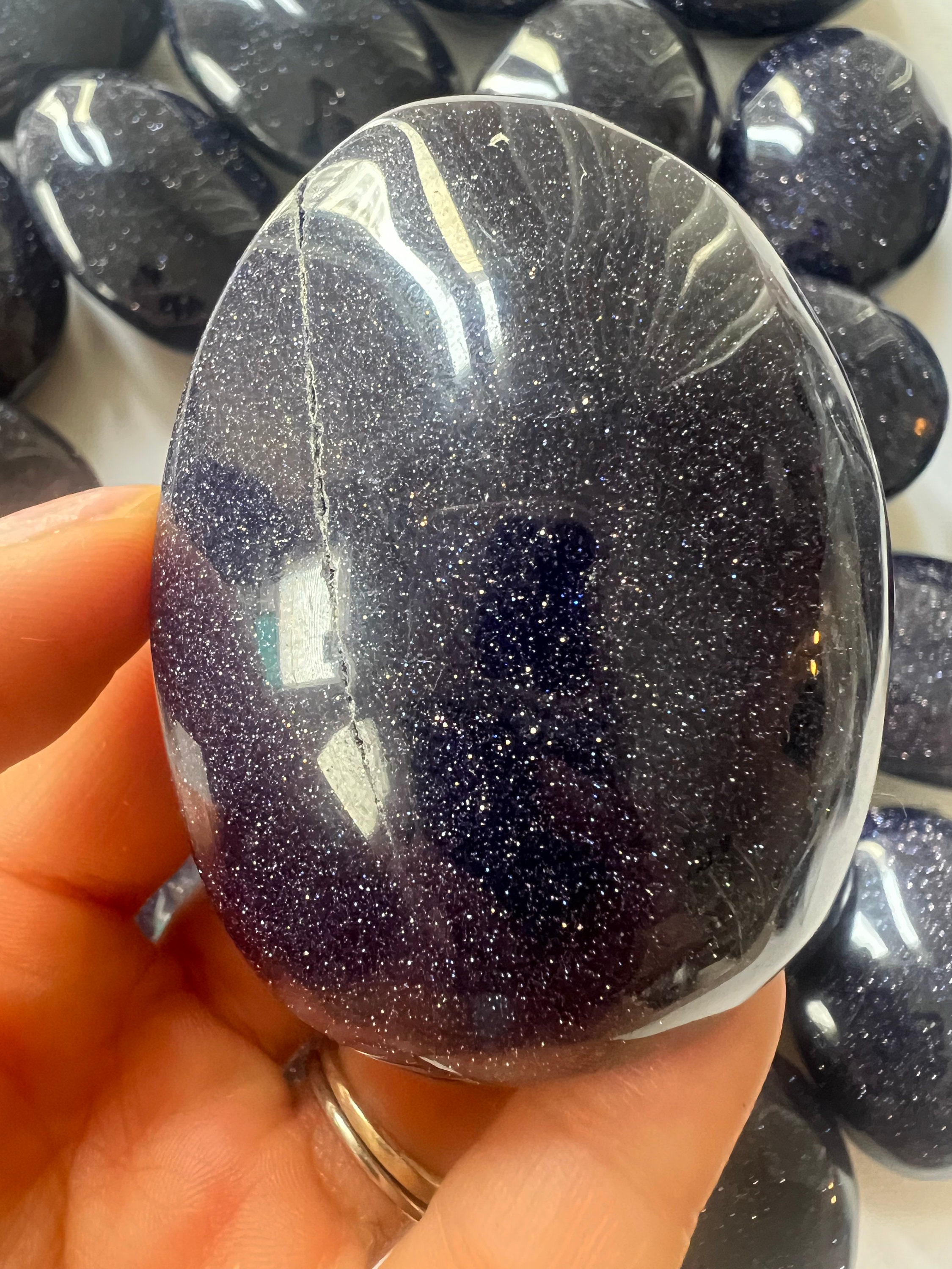 Blue Sandstone Palm Stone, Blue Goldstone, Polished Blue Blue Sandstone Palm Stone, Blue Goldstone, Polished Blue