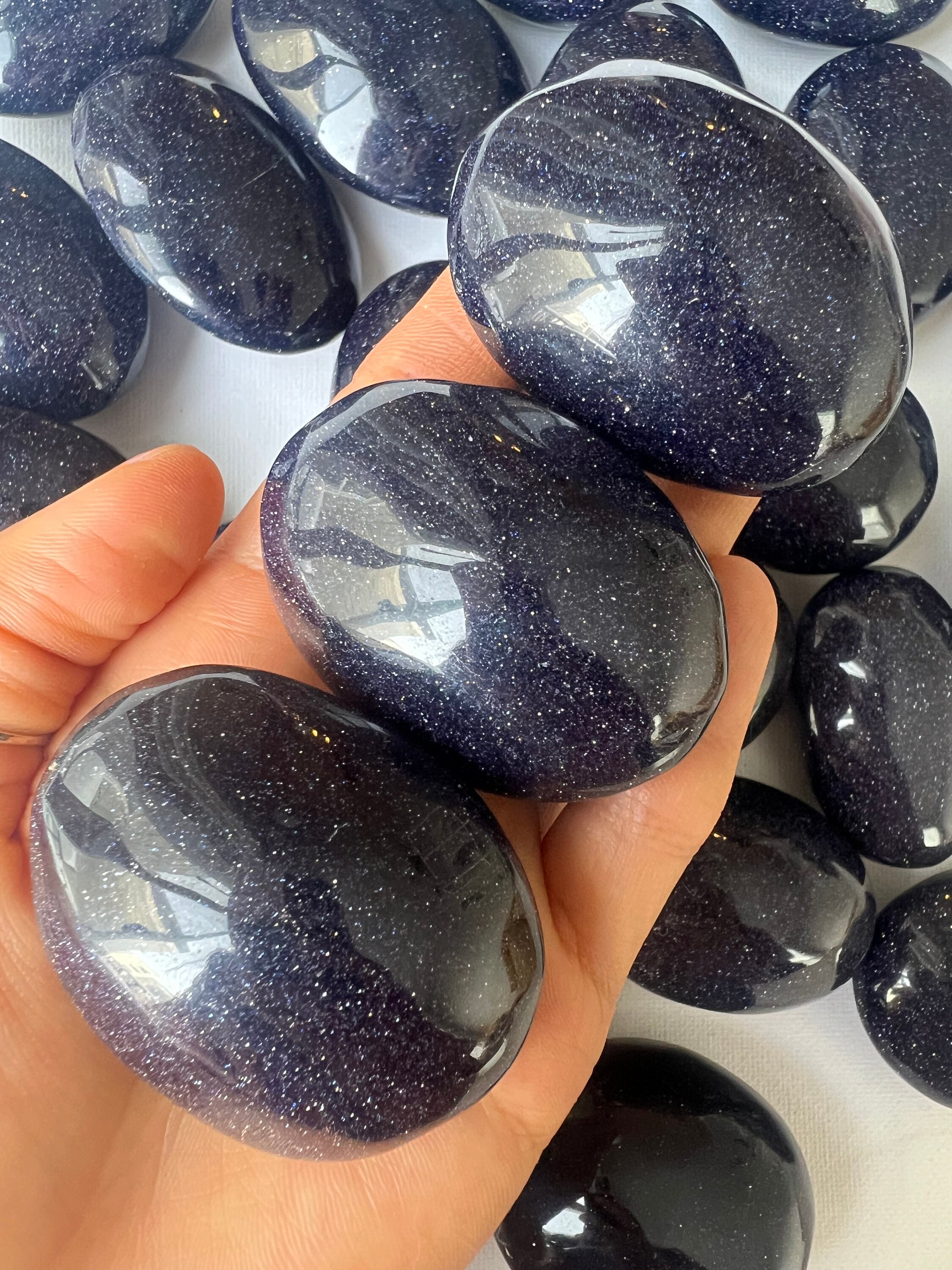 Blue Sandstone Palm Stone, Blue Goldstone, Polished Blue Blue Sandstone Palm Stone, Blue Goldstone, Polished Blue
