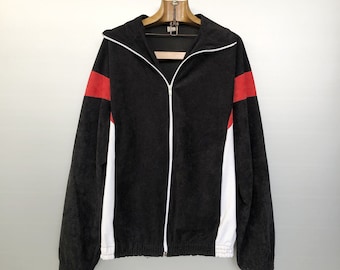 Vintage Velour Trainingsjacke | Schwarz Rot Gestreift Sportbekleidung | Hergestellt in Frankreich | XL