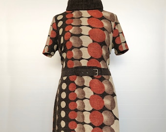 Vintage Mod Dress | Brown Orange Polka Dot Op Art | 60s Style Spain | L / 46