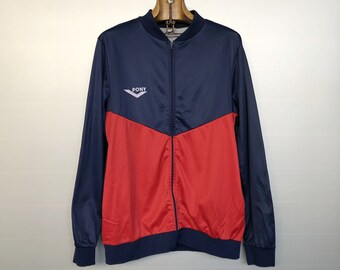 Vintage 70er Jahre Pony Trainingsjacke | Hergestellt in Frankreich | Marine-Rot | M