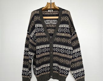 LACOSTE Vintage Cardigan | Geometric Nordic Stripes | Wool Alpaca Blend | Men’s Size 6 (XL)