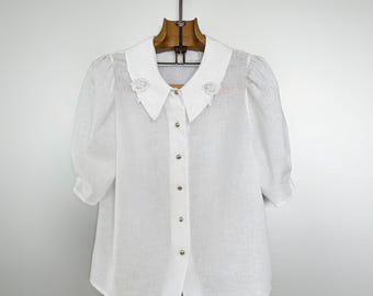 Blusa blanca vintage / Mangas globo bordadas y cuello romántico / Hallazgo excepcional / Talla D46