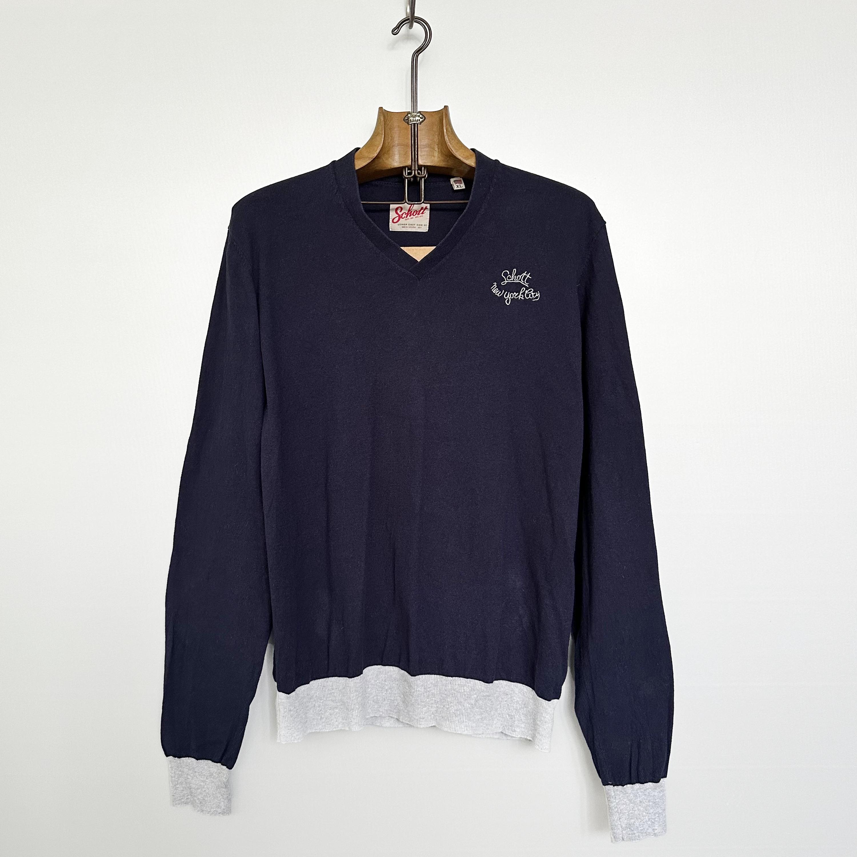 Schott Sweater | Navy Preppy V-neck | Elbow Patch College Style 