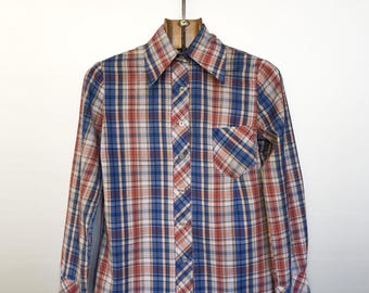 Vintage 70er Jahre Bluse im Karomuster | Madras Tartan Hemd | Schmetterlings-Halsband | S