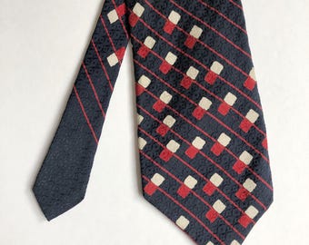 Vintage Lanvin Silk Tie | Red White Geometric Pattern | French Designer | Wide