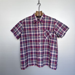 Vintage 70er Jahre Kariertes Blau Rot Beige Kurzarm Shirt