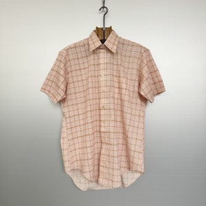 Vintage 80er Jahre Beige Orange Kariertes Kurzarm Hemd